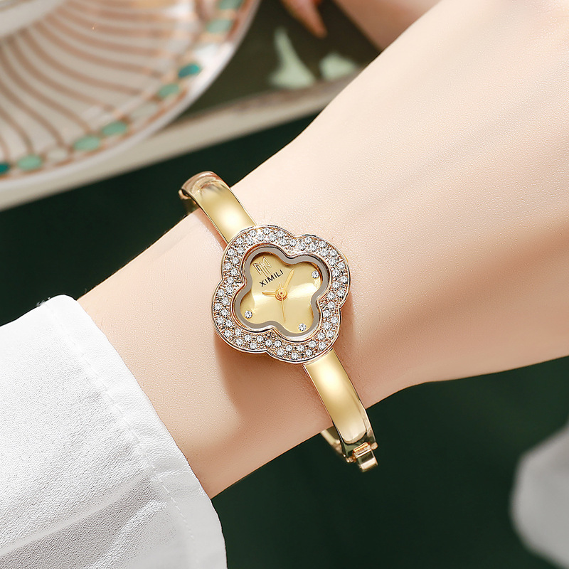 Luxury Watch Girl - Kadın Lüks Elmas İşlemeli Dört Yapraklı