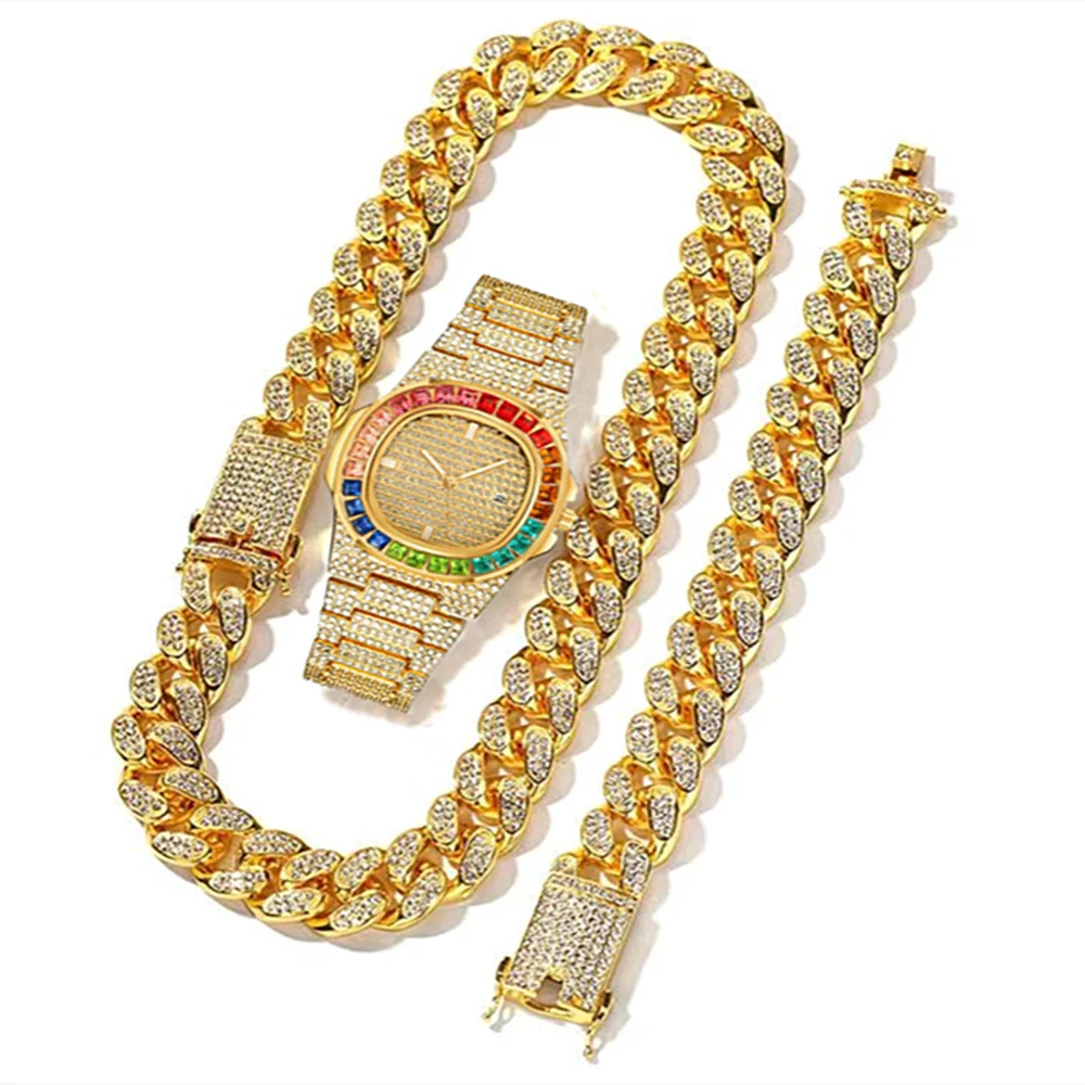 Luxury Watch Miami - 3 Parça Saat+Kolye+Bileklik Lüks Buzlu Saat
